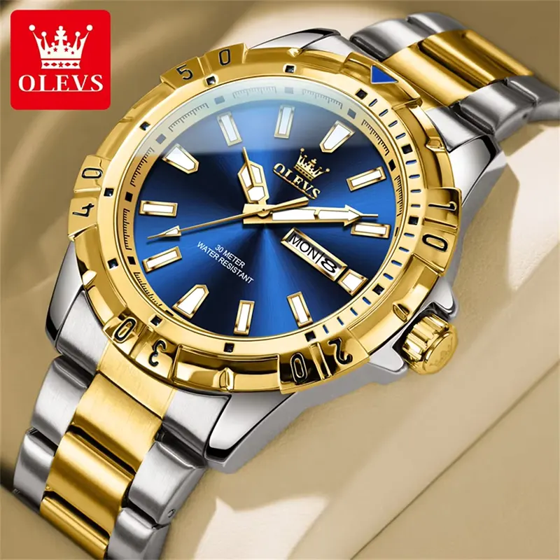 Olevs Blue Dial Two-tone Men's Watch- 5560